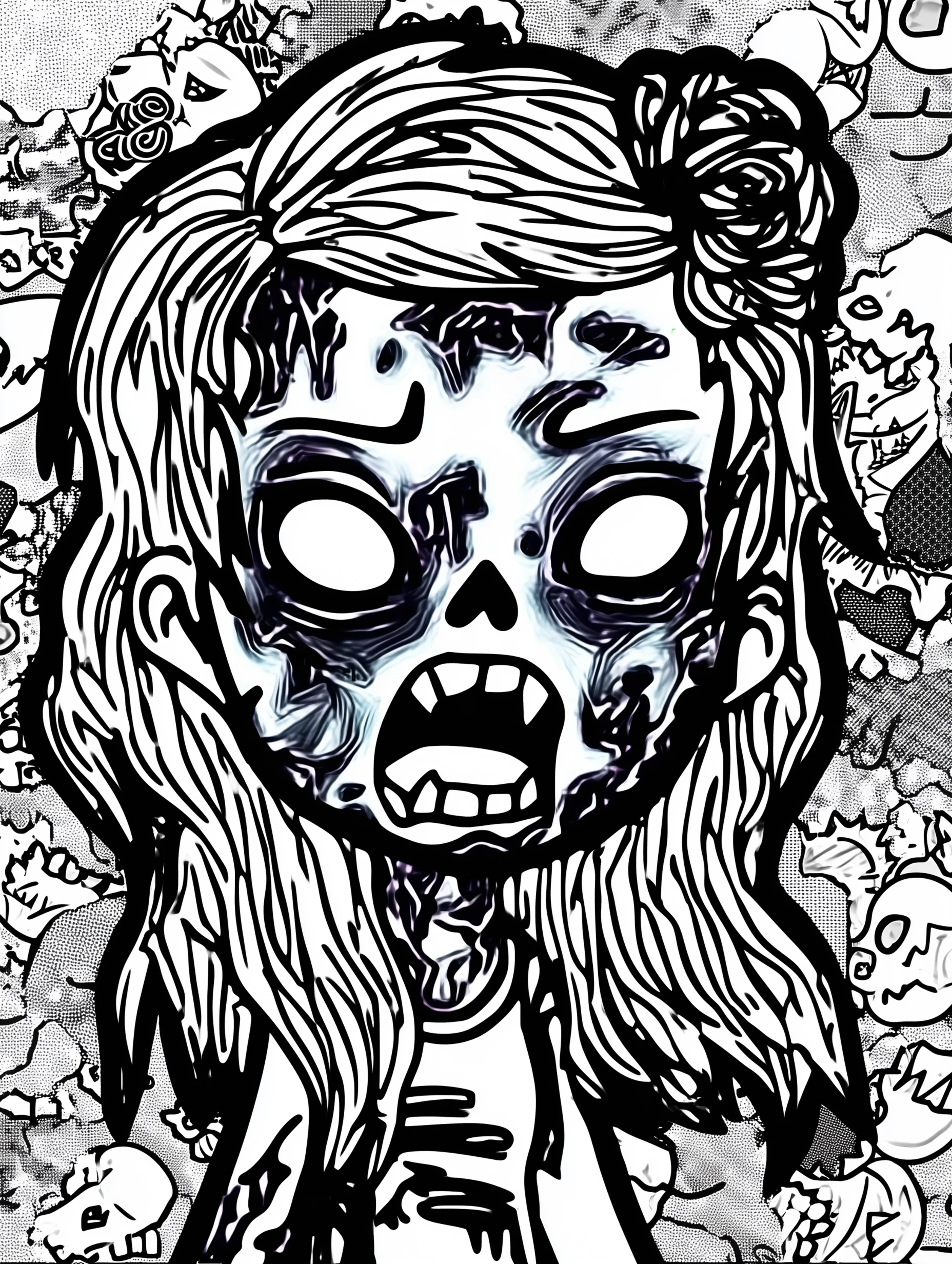 Free printable zombie coloring page for adults featuring a fanged zombie girl